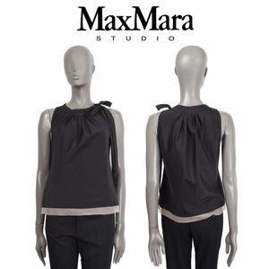 Max Mara Studio Sleeveless Shoulder Bow Top in Black Silk with a Cream Trim
